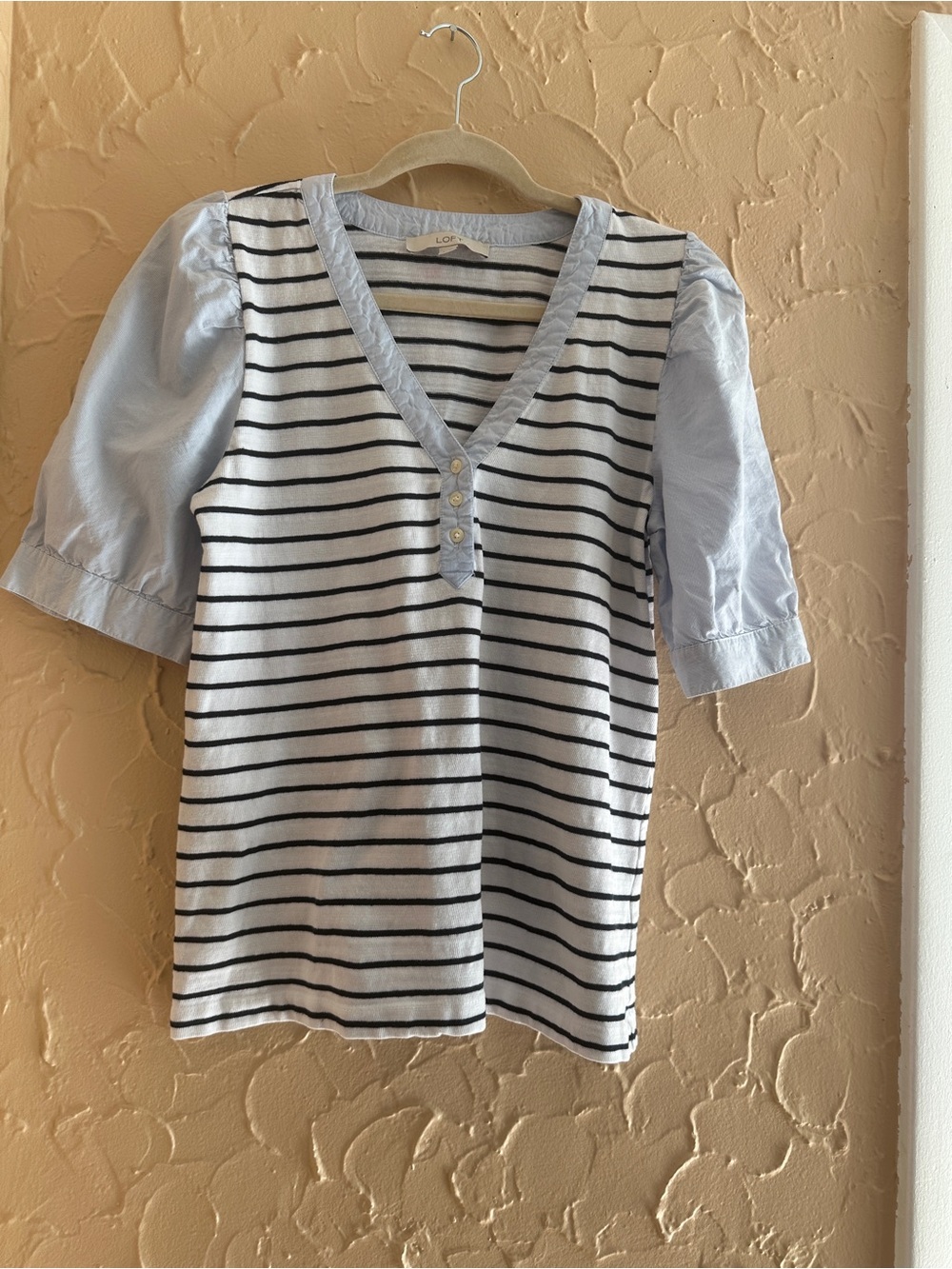 LOFT Striped V-Neck Top with Light Blue Puff Sleeves